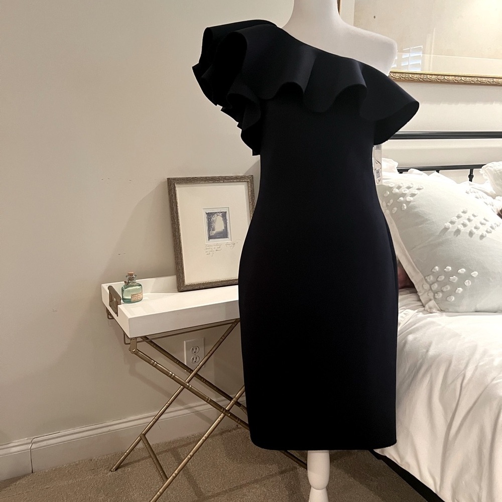 Eliza J Navy One-Shoulder Ruffle Neck Scuba Midi Dress